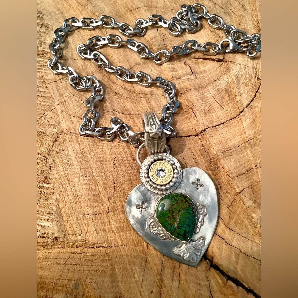 Turquoise, brass casing necklace